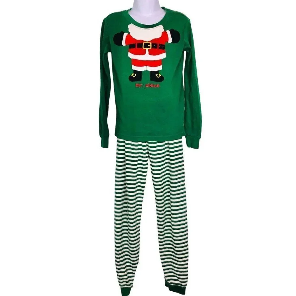 Gymboree Girls Pajamas SZ 10 Green Striped Santa Claus Christmas 2 Piece Holiday
